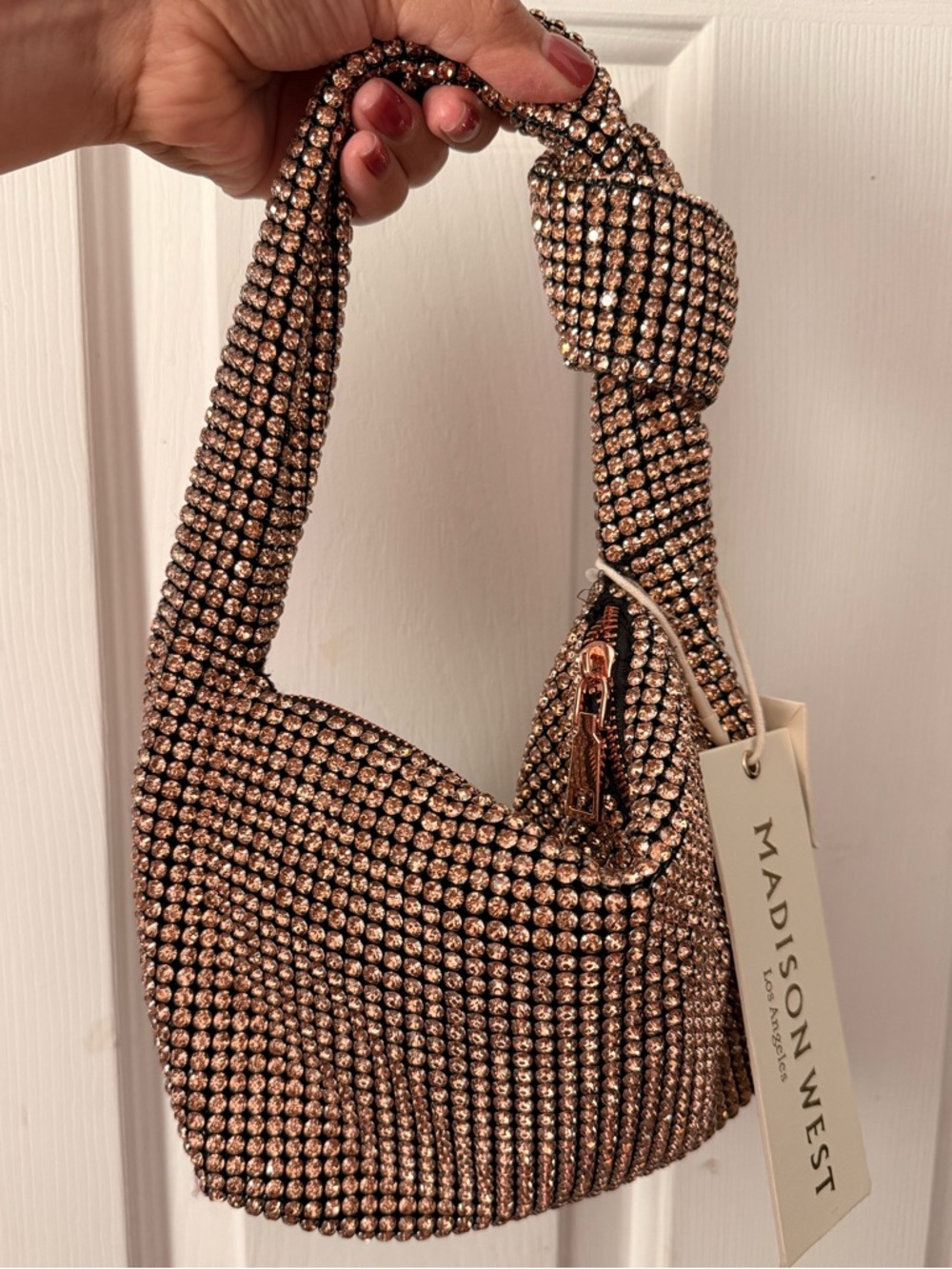 Madison West Rose Gold Crystal Mini Hobo Shoulder Bag